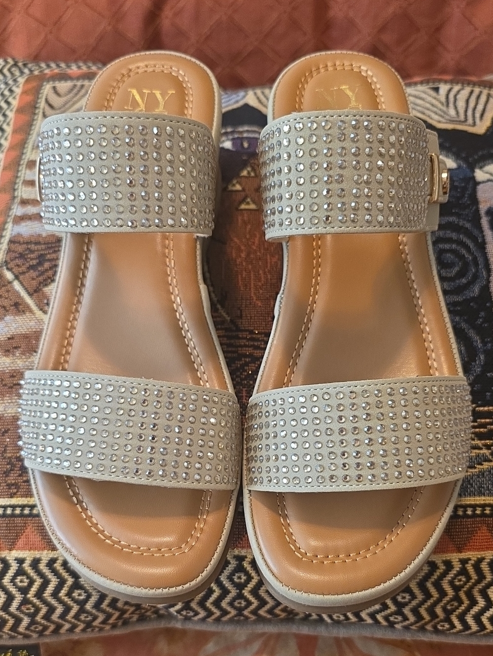 New York & Company Women's Embellished Taupe Slide Sandals Size 8